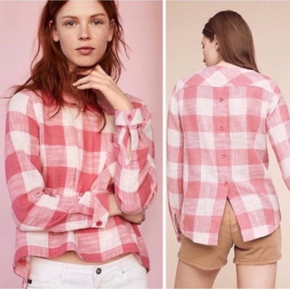 Cloth & Stone Pink White Buffalo Check Linen Blend Button Back Top‎ Small